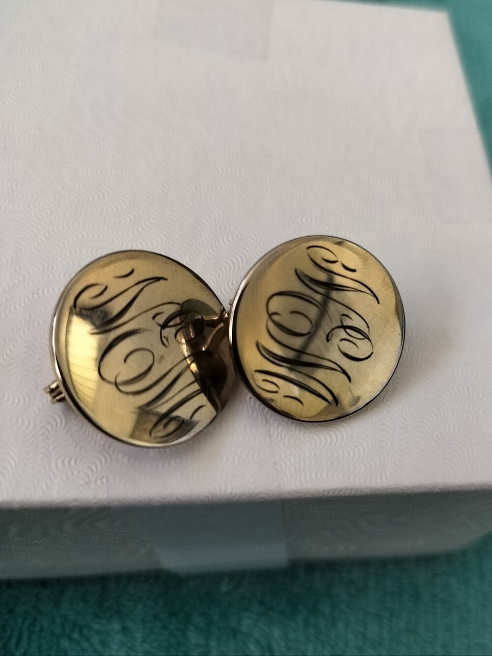 Vintage Monet Gold Tone Monogrammed Button Clip-On Earrings Round
